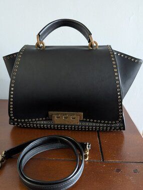 Zac Posen Leather Black Structured Gold-Tone Studded Eartha Satchel